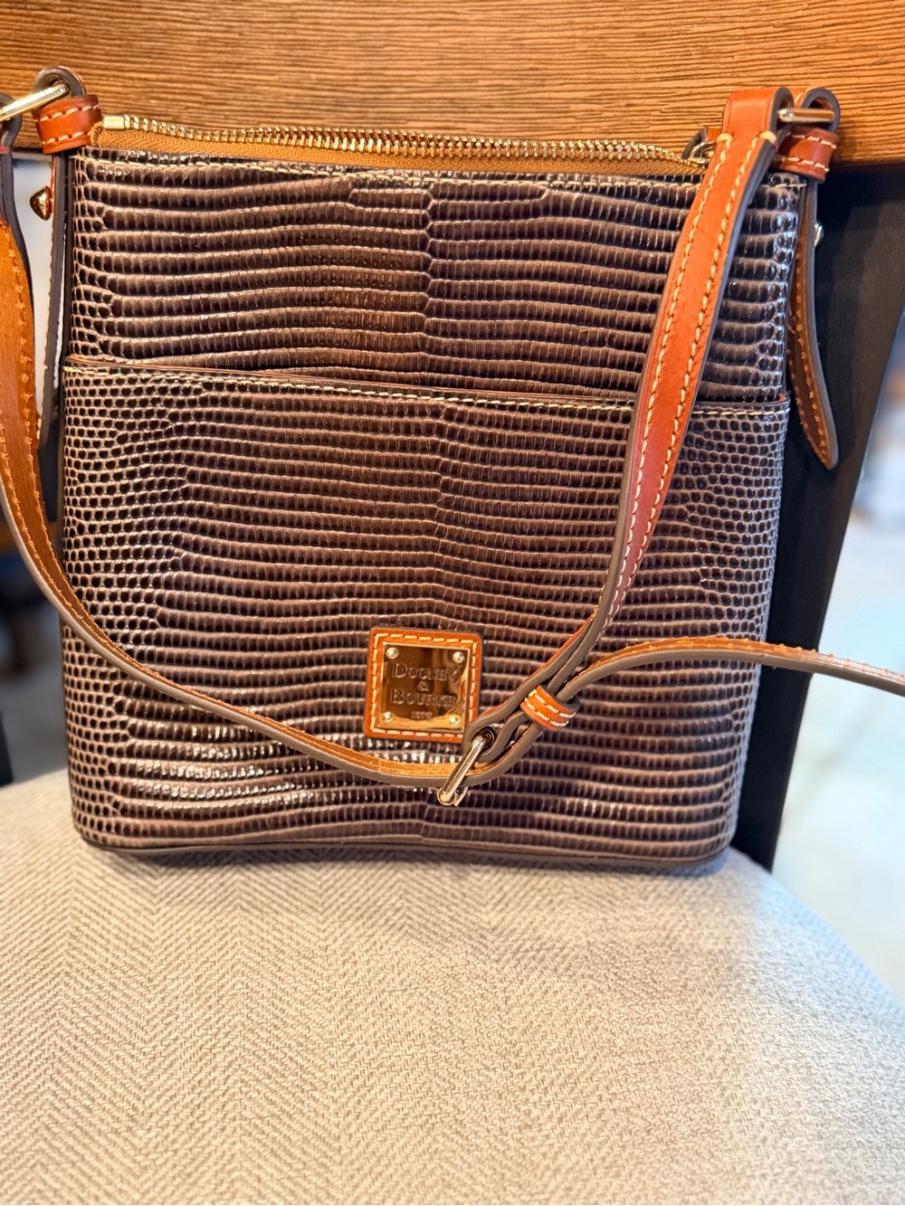 Dooney & Bourke Brown Lizard-Embossed Crossbody with Tan Trim
